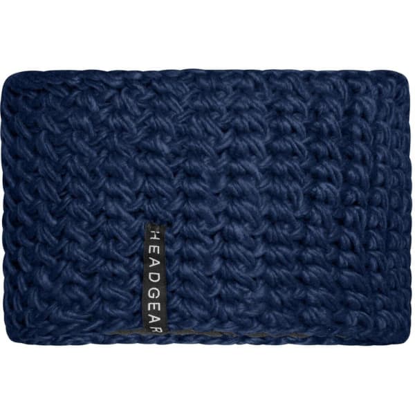 A blue crocheted headband featuring a textured pattern and a branding label.