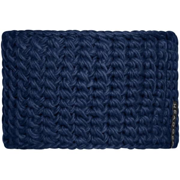A dark blue crocheted headband with a textured pattern and a small branding tag.