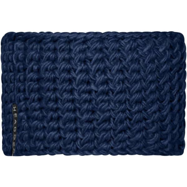 A dark navy crocheted headband with a textured pattern and a small logo on the side.