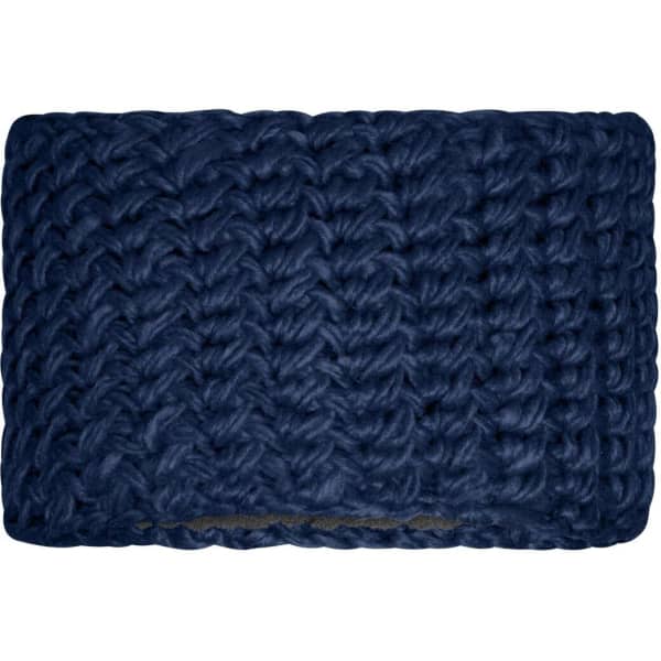 A dark blue crocheted headband with a textured pattern and a soft, warm appearance.