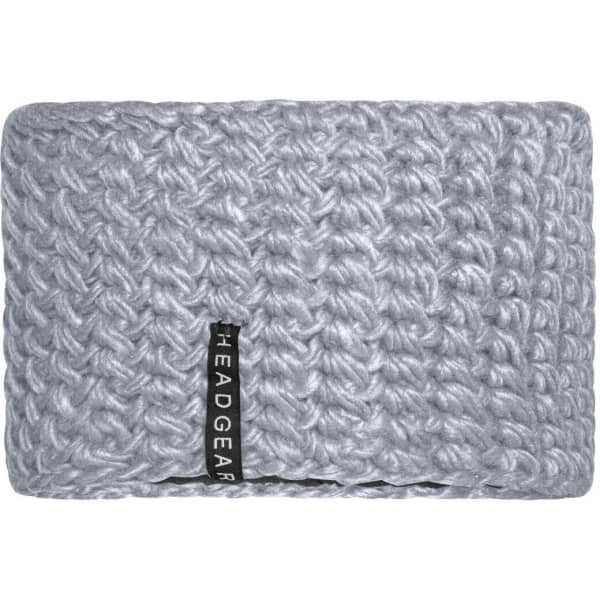 A crocheted headband in a soft grey colour, featuring a small branding label on one side.