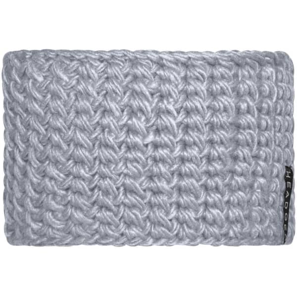 A crocheted headband in light grey, featuring a textured design and a small logo.
