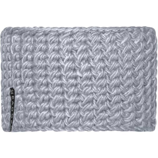 A grey crocheted headband with a textured pattern and a small logo on the side.