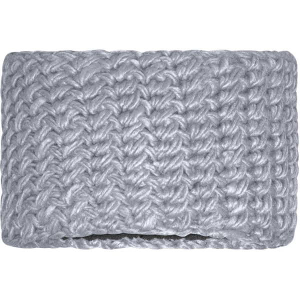 A grey crocheted headband with a textured knitted pattern, featuring a simple design without any logos.
