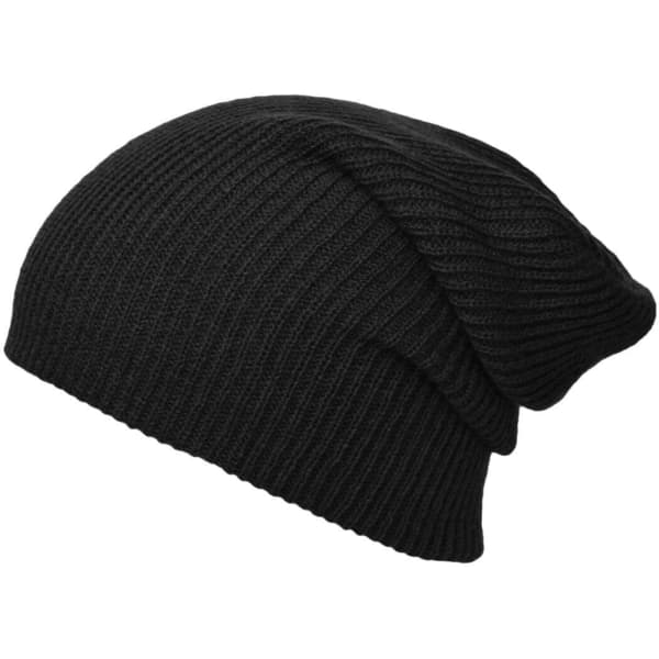 A black knitted long beanie featuring a ribbed texture and slouchy design. It has a logo on one side.