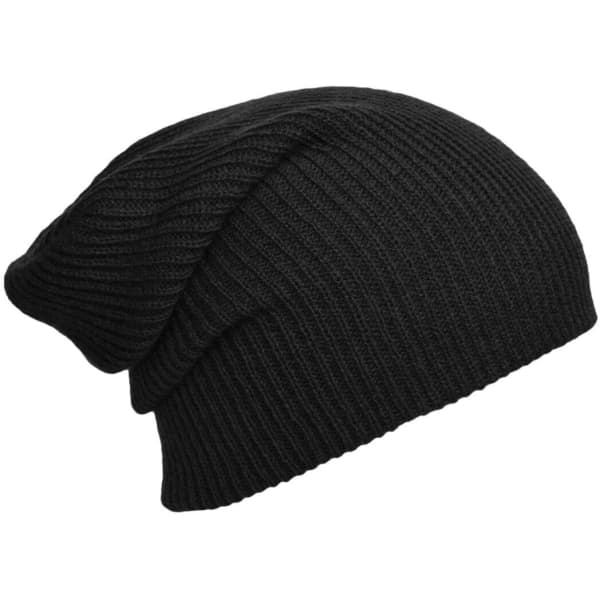 A black knitted long beanie with a ribbed texture, featuring a slouchy design.