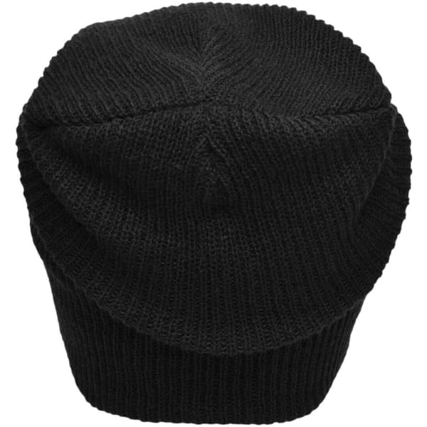 A knitted long beanie in solid black, showcasing a textured knit pattern. Features a logo on the side.