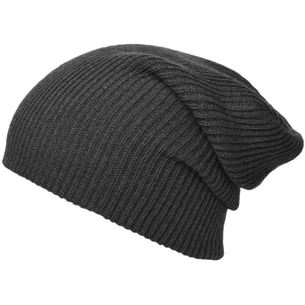 A knitted long beanie in dark grey, featuring a ribbed texture and slouchy design.