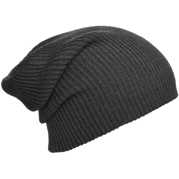 A knitted long beanie in a dark grey colour, featuring a ribbed texture and slouchy design.