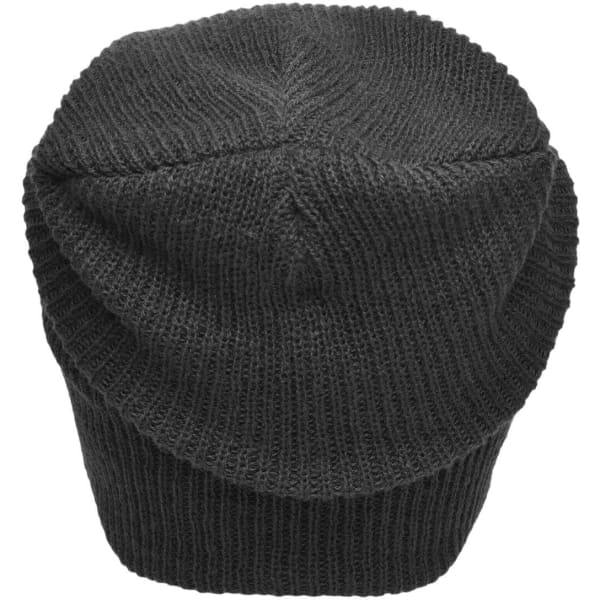 A knitted long beanie in dark grey with a textured pattern and a rounded top. It features a logo on the side.