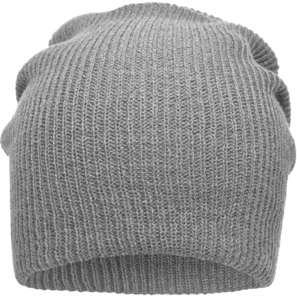 A grey knitted long beanie with a textured pattern and a soft, casual design. It has a branded label.