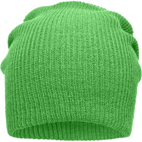 A green knitted long beanie with a textured pattern and a relaxed fit. The beanie has a brand logo.