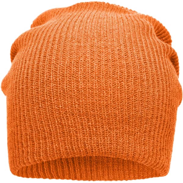 An orange knitted long beanie with a ribbed texture, featuring a simple design and a logo.