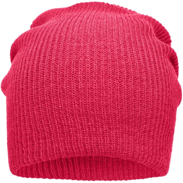 A knitted long beanie in bright pink, featuring a textured design and flexible fit. It has a logo on it.