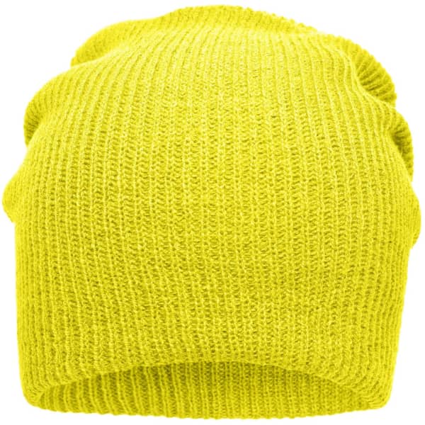 A knitted long beanie in bright yellow with a textured pattern. It has a logo branded on it.