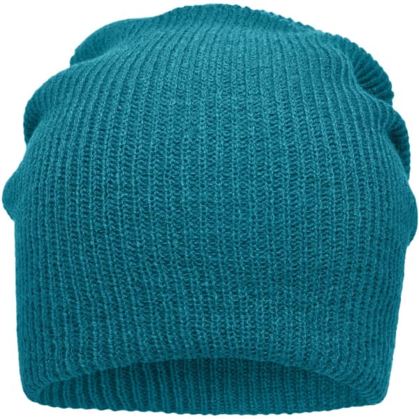 A knitted long beanie in a vibrant teal colour with a textured ribbed design. It has a simple style without branding.