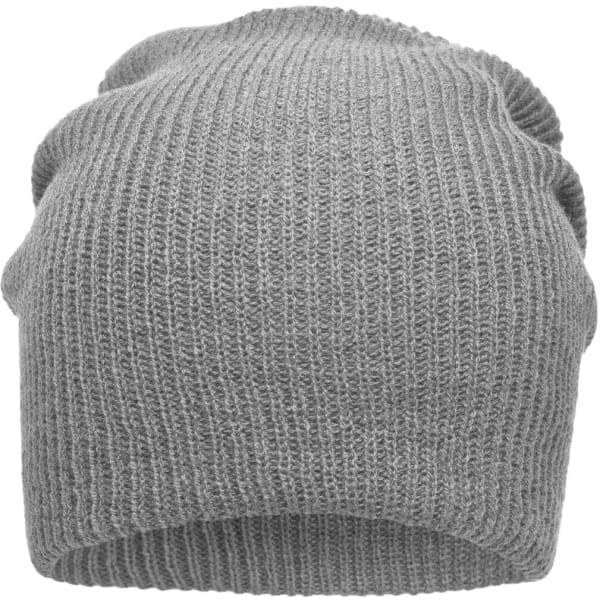 A knitted long beanie in grey with a textured ribbed design, featuring a subtle branding logo.