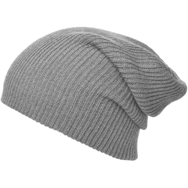 A grey knitted long beanie with a slouchy design and ribbed texture. It features a logo on the side.