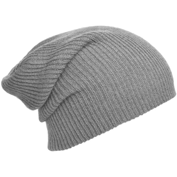 A grey knitted long beanie with a slouchy design, featuring a textured ribbed pattern.