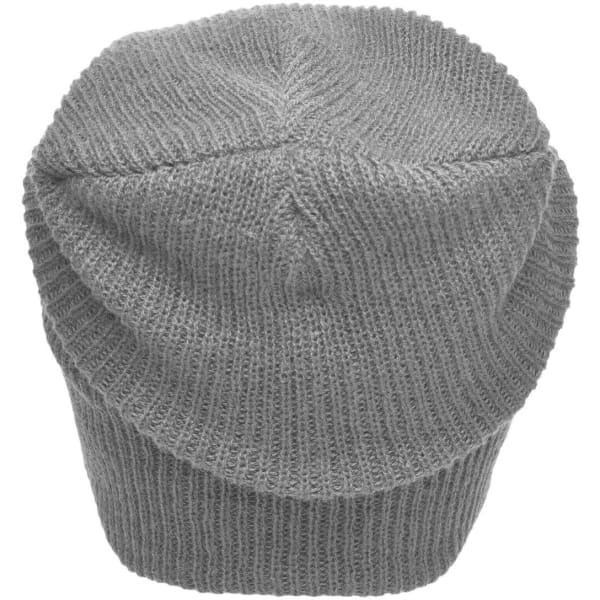 A grey knitted long beanie with a textured finish, viewed from the back. It features a logo on the inside.