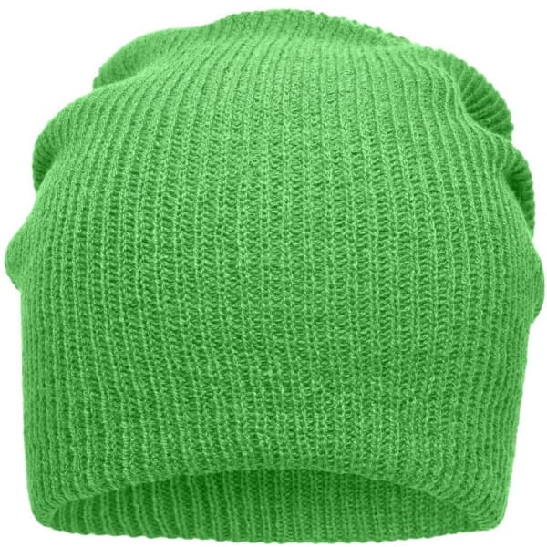 A bright green knitted long beanie with a textured pattern, featuring a soft, flexible design.