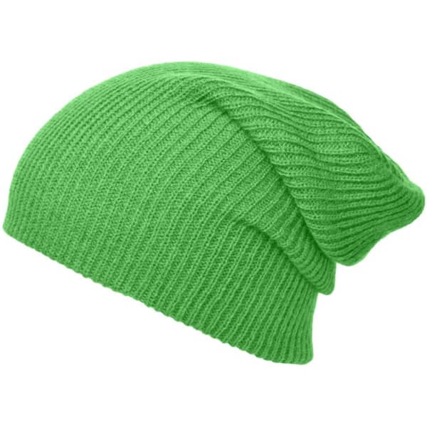 A knitted long beanie in bright green, featuring a stylish ribbed design. It has a logo on the side.