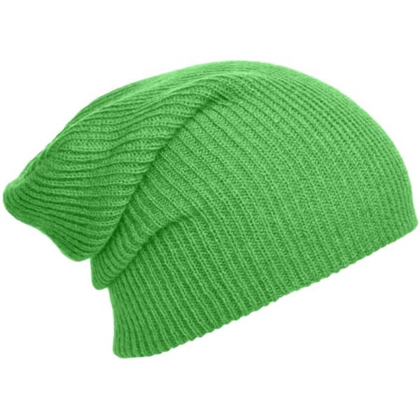 A green knitted long beanie with a slouchy design and ribbed texture, featuring a branding logo.