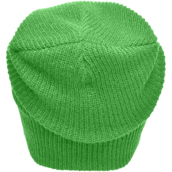 A knitted long beanie in bright green, featuring textured stitching and a rounded top.