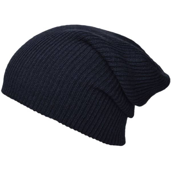 A knitted long beanie in dark navy, featuring a ribbed texture and a casual slouchy design.