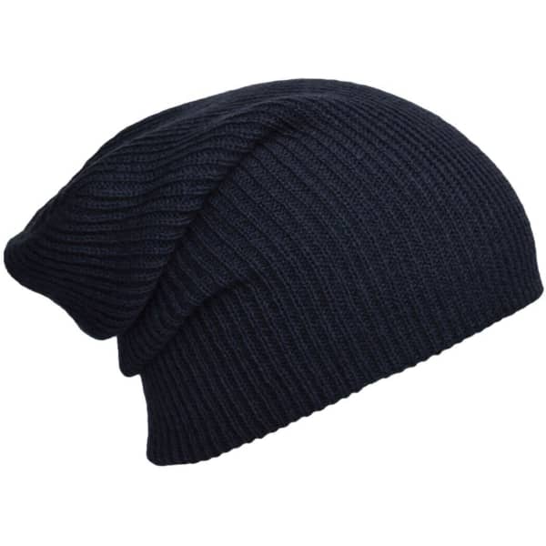 A knitted long beanie in dark navy, featuring a textured ribbed design. It has a simple logo.