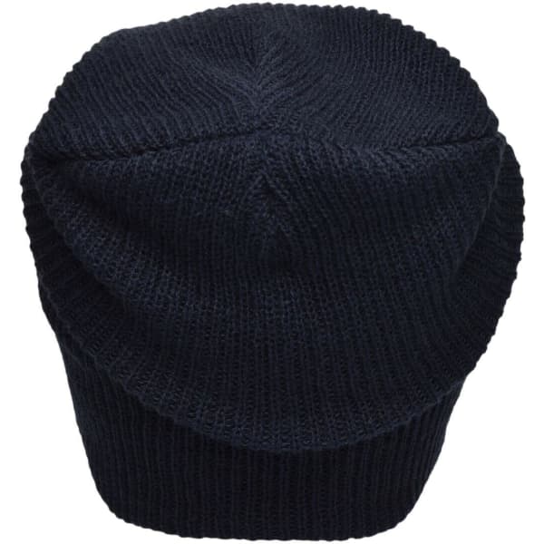 A navy knitted long beanie with a fitted design and textured knit pattern. Features a branding logo.