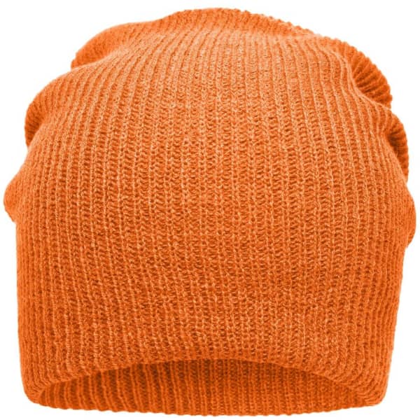 An orange knitted long beanie with a textured, ribbed design. It has a relaxed fit and a soft appearance.