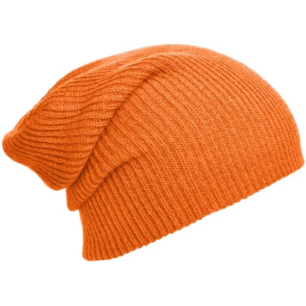 An orange knitted long beanie with a loose, slouchy design. It features a textured knit pattern.