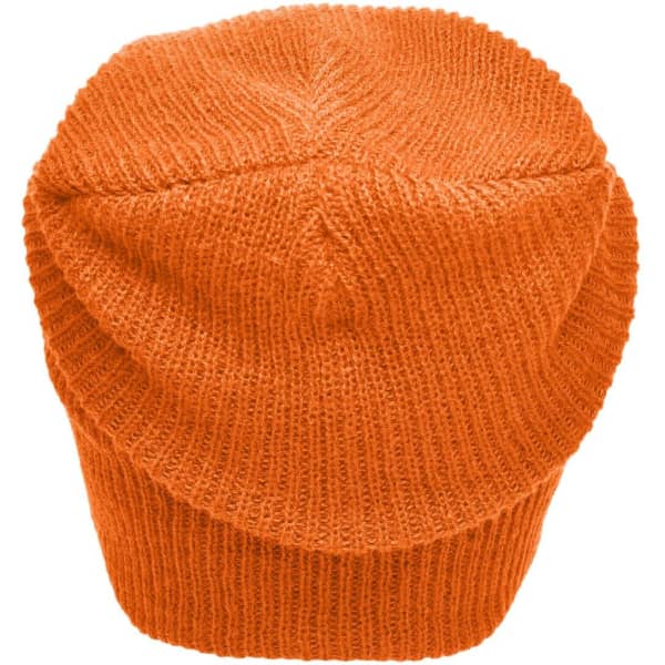 An orange knitted long beanie with a textured finish and a slouchy design. It features a logo on the side.