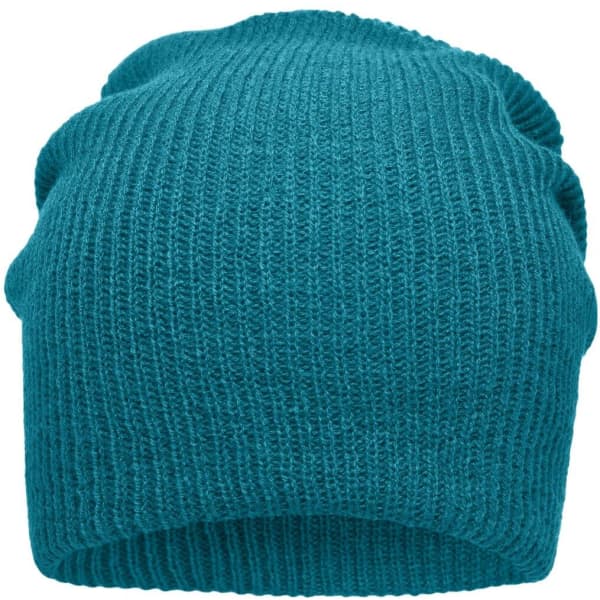 A knitted long beanie in a vibrant teal colour with a textured ribbed design.