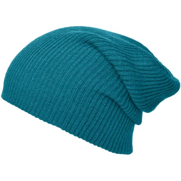 A knitted long beanie in a vibrant teal colour with a ribbed texture. It features a branding logo.