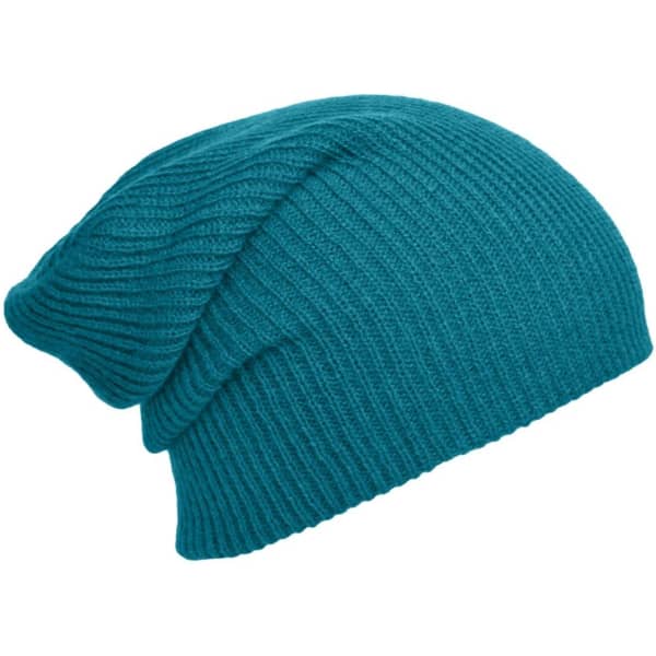A knitted long beanie in a vibrant teal colour, featuring a ribbed texture and slouchy design.