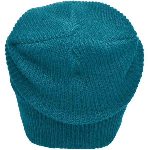 A knitted long beanie in a vibrant teal colour, featuring a ribbed design and a soft texture.