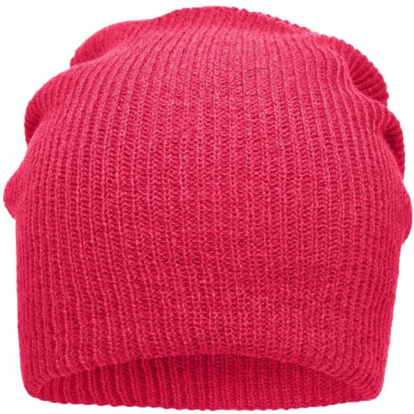 A knitted long beanie in a vibrant pink colour with a textured ribbed design and a folded brim.