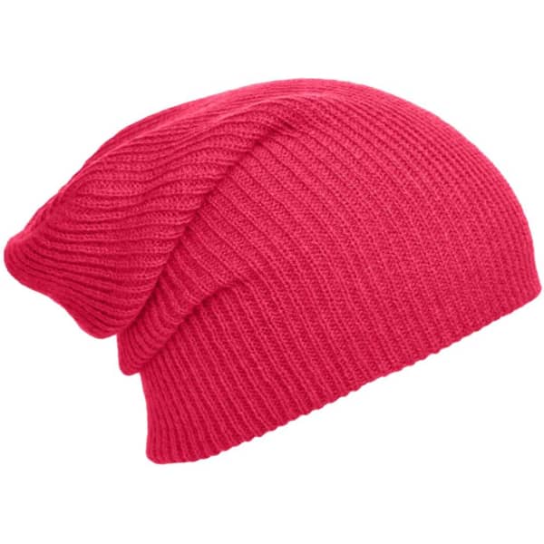 A pink knitted long beanie with a textured design, featuring a logo on the side.