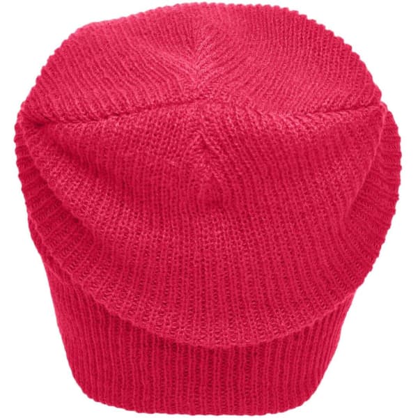 A knitted long beanie in bright pink, featuring a textured fabric and a snug fit. It has a simple, unadorned design.