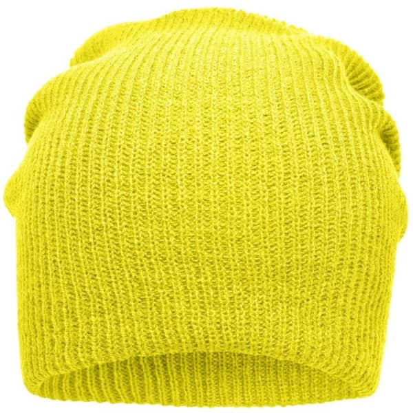A knitted long beanie in a bright yellow colour with a soft, textured finish and a rolled edge.