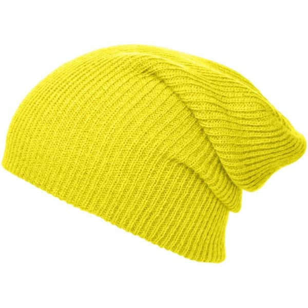 A bright yellow knitted long beanie with a slouchy fit and ribbed texture. It features a logo on the side.
