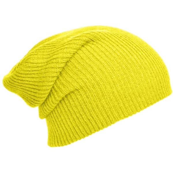 A knitted long beanie in bright yellow with a loose, slouchy design and ribbed texture.