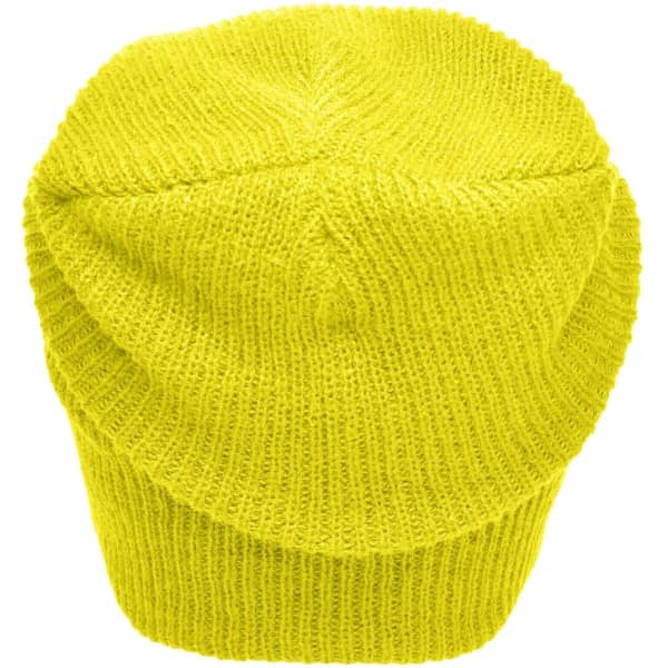 A knitted long beanie in bright yellow, showcasing a textured, stretchable fabric. The beanie features a simple design.