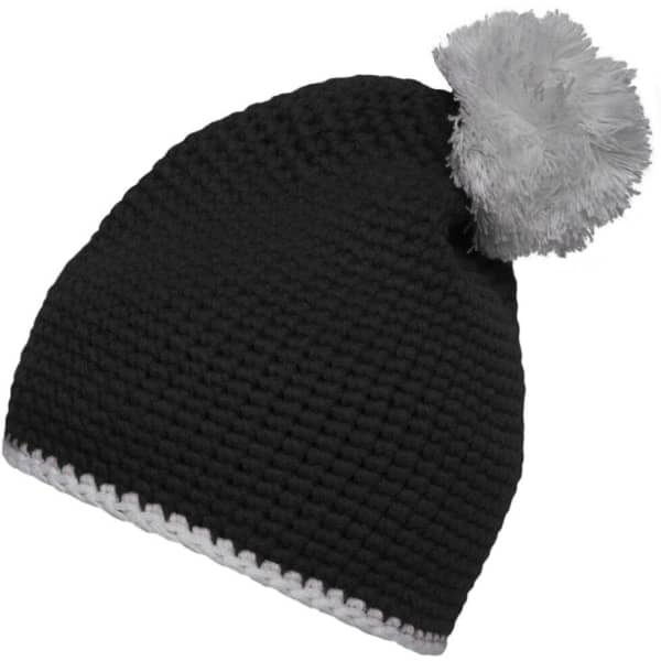 A black pompon hat with a grey pompom and contrast white stripe along the bottom. Features a logo.
