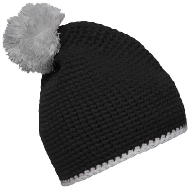 A black knitted hat with a contrast white stripe and a fluffy grey pompom on top. It features a logo.