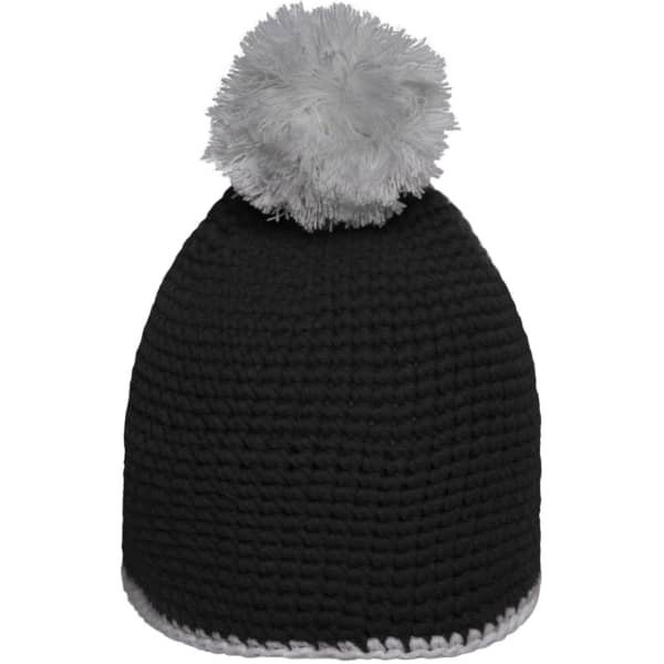 A black knitted hat with a grey pompon on top and a contrasting grey stripe at the base.