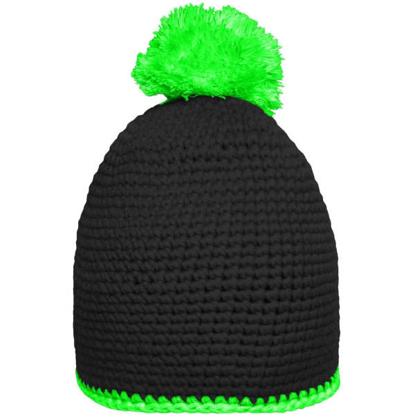 A black knitted beanie with a bright green pompon on top and a contrasting green stripe at the bottom.