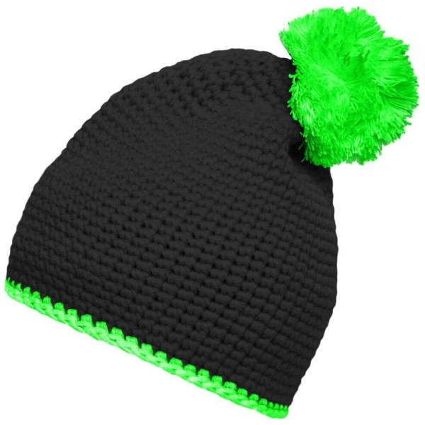 A black knitted hat with a bright green pompom and contrast stripe along the bottom edge.
